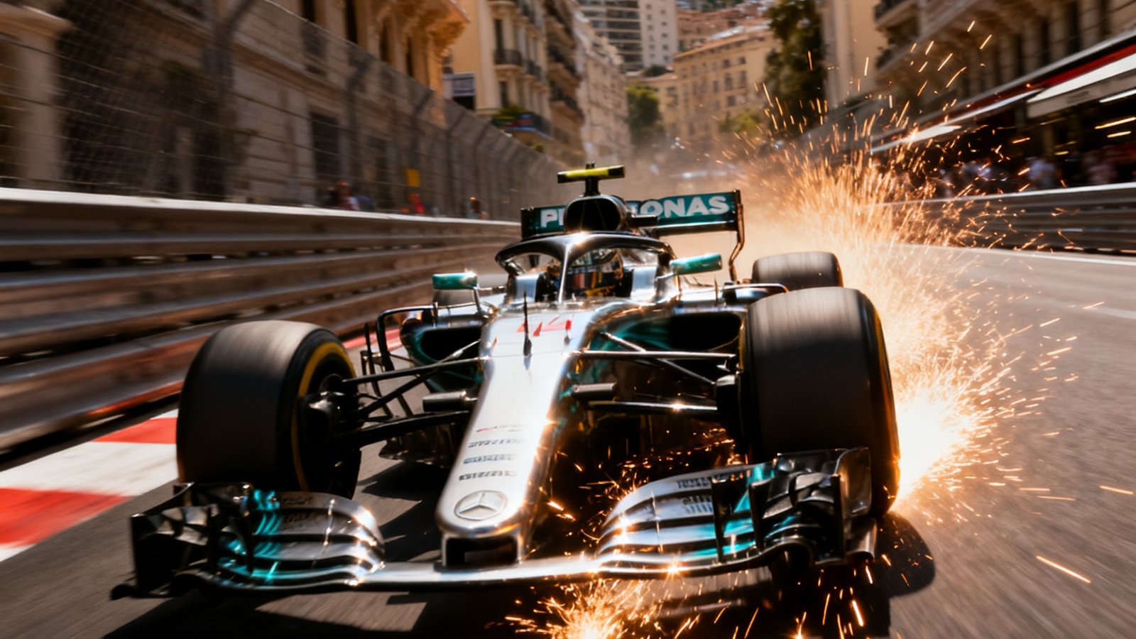 F1一级方程式赛车纪录片截图，摩纳哥街道赛道上赛车疾驰轮胎擦出火花的惊险瞬间