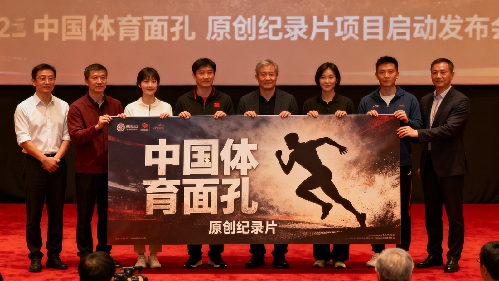 中国体育面孔原创纪录片项目启动发布会现场，主创团队在台上展示项目概念海报