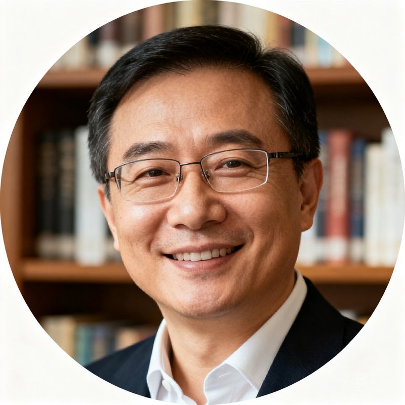 创始人李明远的圆形头像，一位戴眼镜的中年男性面带微笑气质儒雅，背景为书架