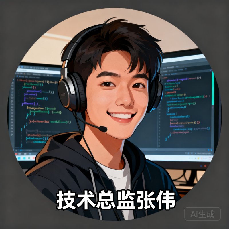 技术总监张伟的圆形头像，一位年轻程序员戴着耳机自信微笑，身后是代码屏幕